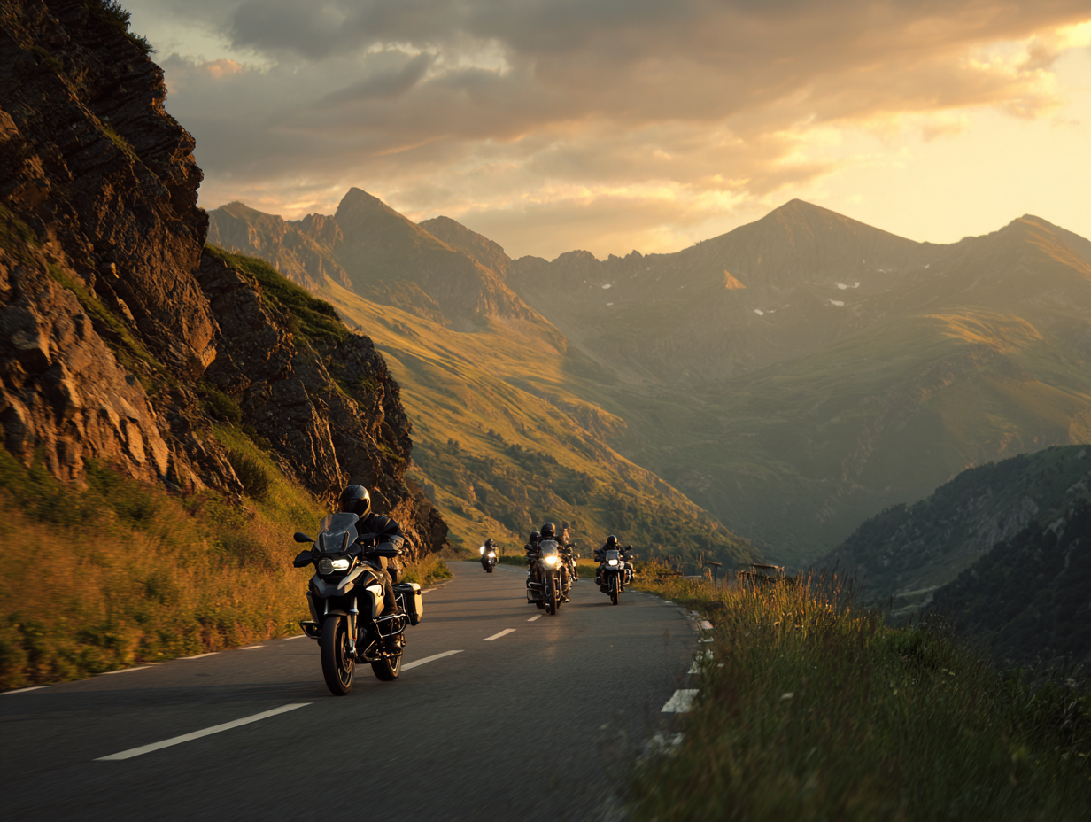 Groupe de motards sur une route sinueuse dans les Pyrénées