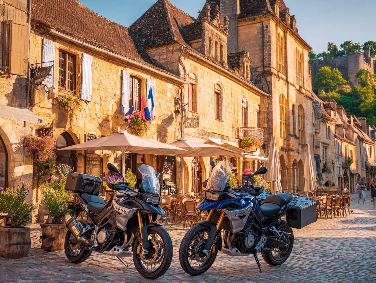 Deux motos garées devant la Mairie avec le drapeau français accroché à la fenêtre