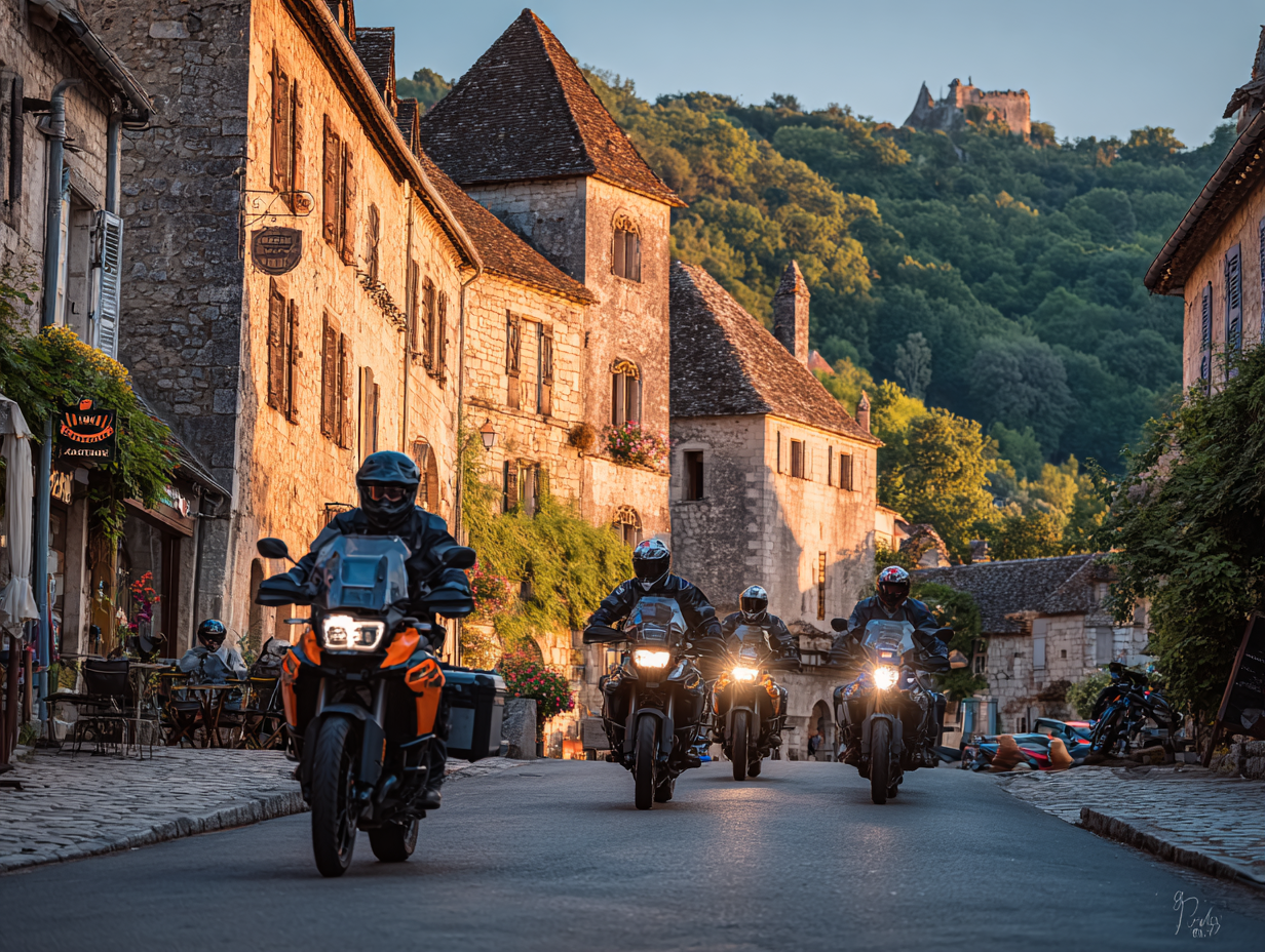 Motards quittant un village médiéval