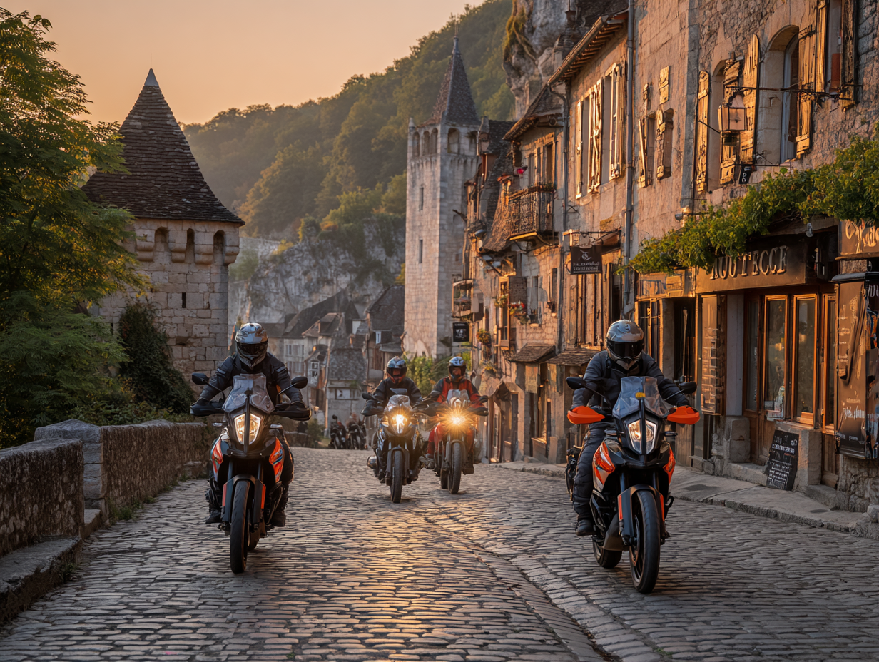 Motos KTM Honda et BMW roulant sur une rue pavée