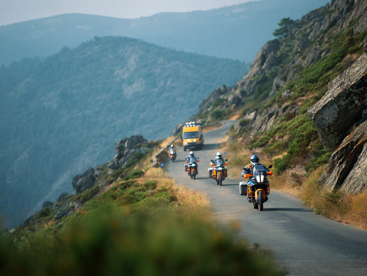 Motos d'aventure avec véhicule d'assistance sur route de montagne